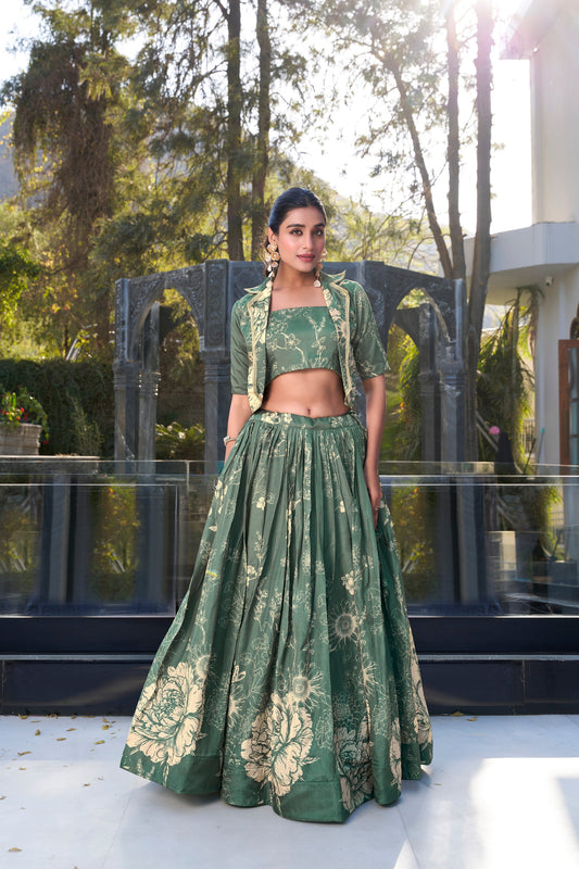 Light green lehenga for wedding front view with mirror work
