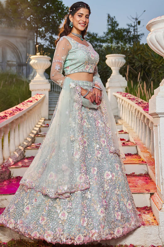– light green lehenga full front view with floral embroidery
