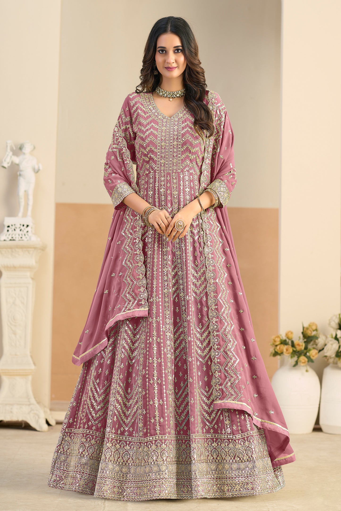 Pink Anarkali gown full view with dupatta