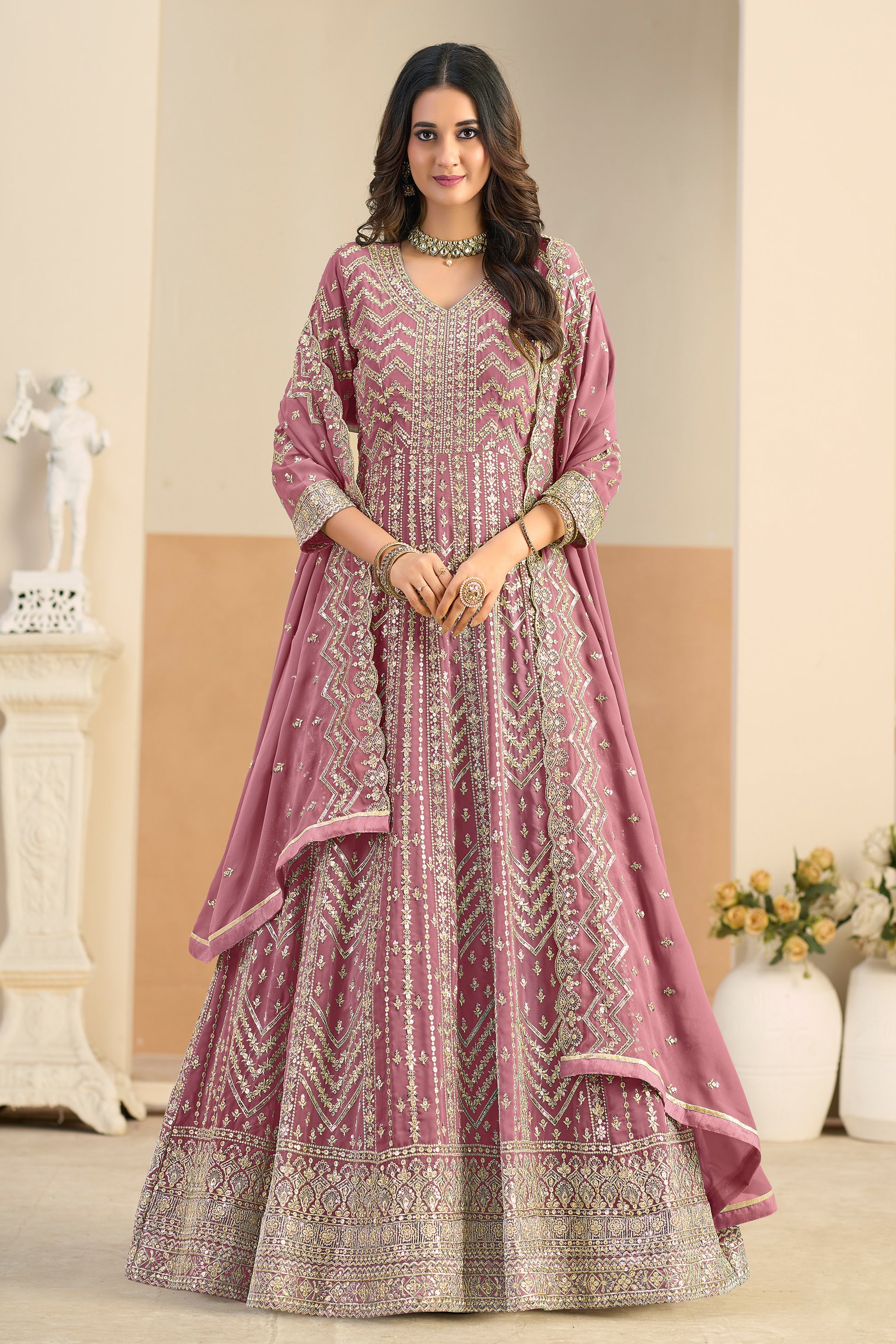 Pink Anarkali gown full view with dupatta