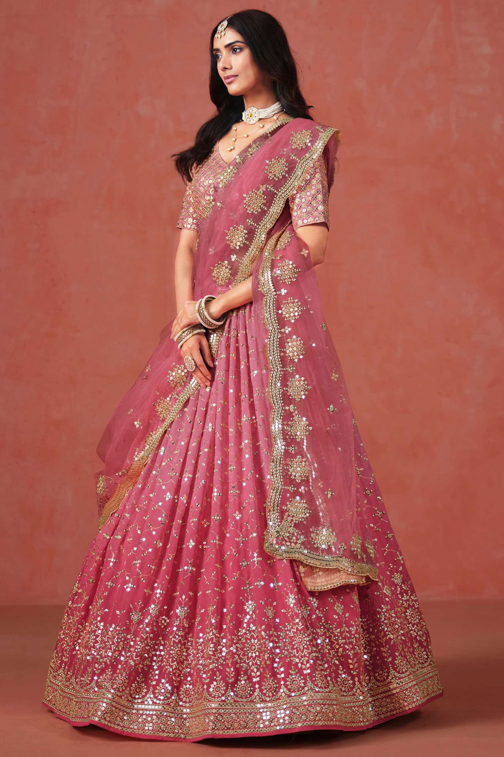 Light pink georgette lehenga full front view with zari work