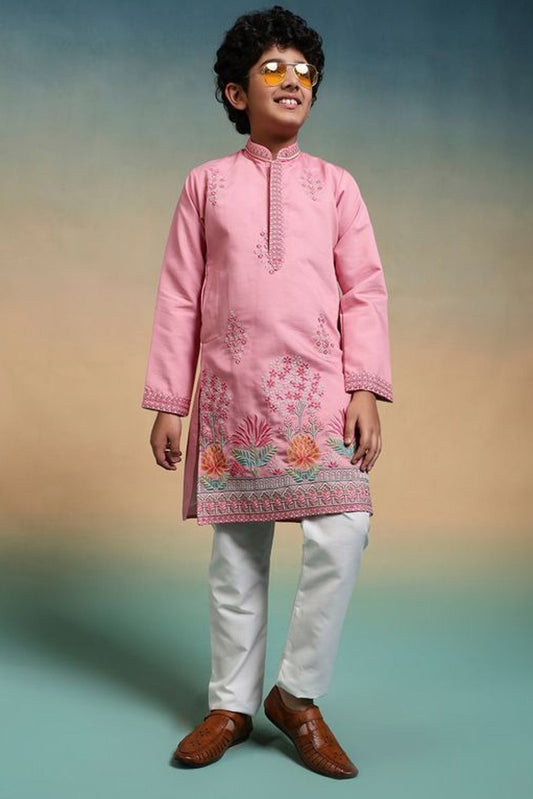 light pink kids kurta pajama with multicolor embroidery front view