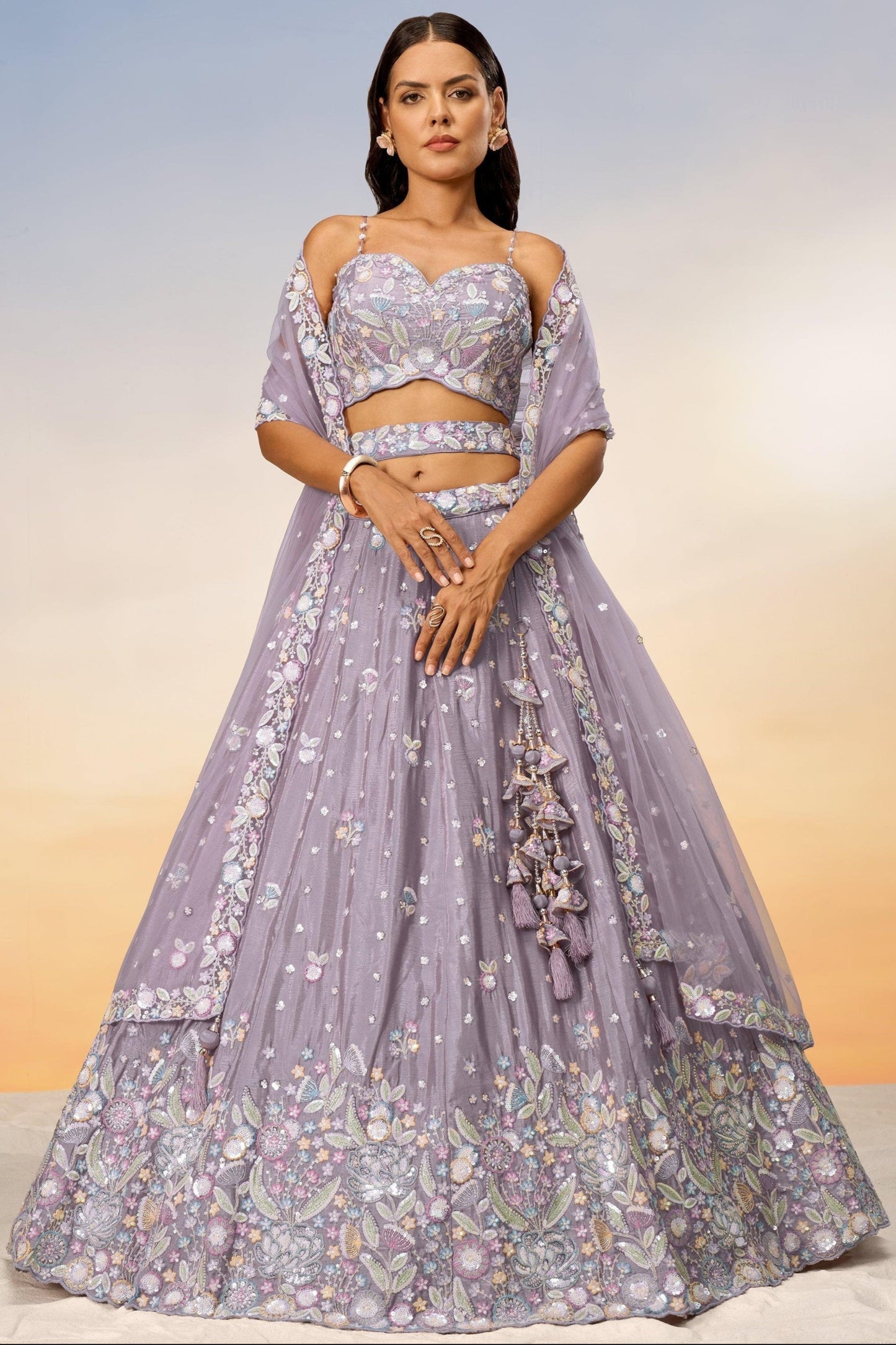 light pink lehenga choli full front view with dupatta