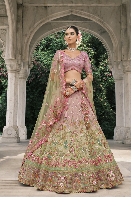Light pink lehenga full front view with embroidered choli