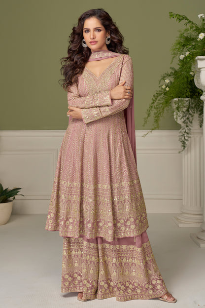 light pink palazzo pants front view with embroidery detail
