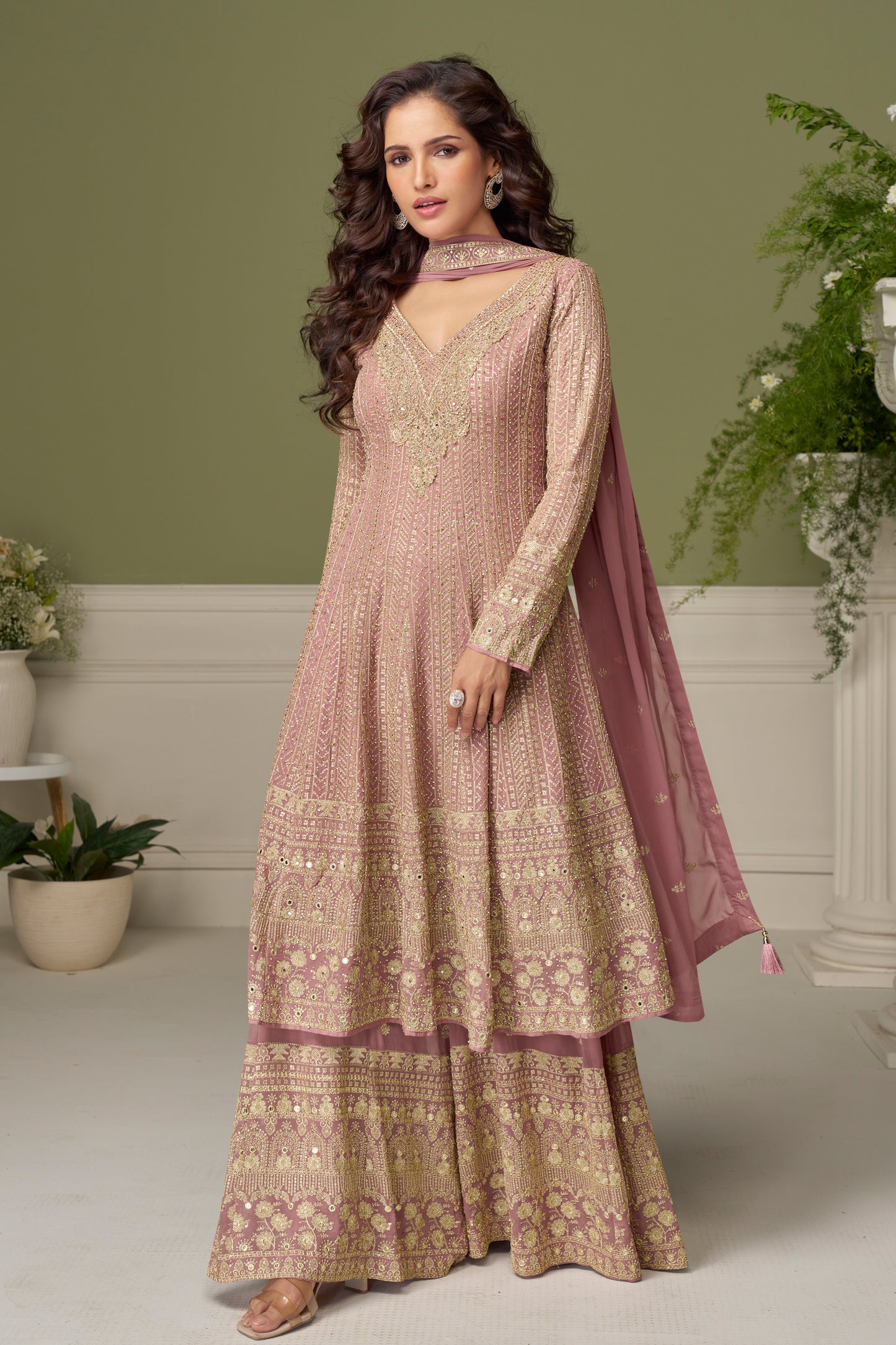 flowing silhouette of light pink palazzo pants side view