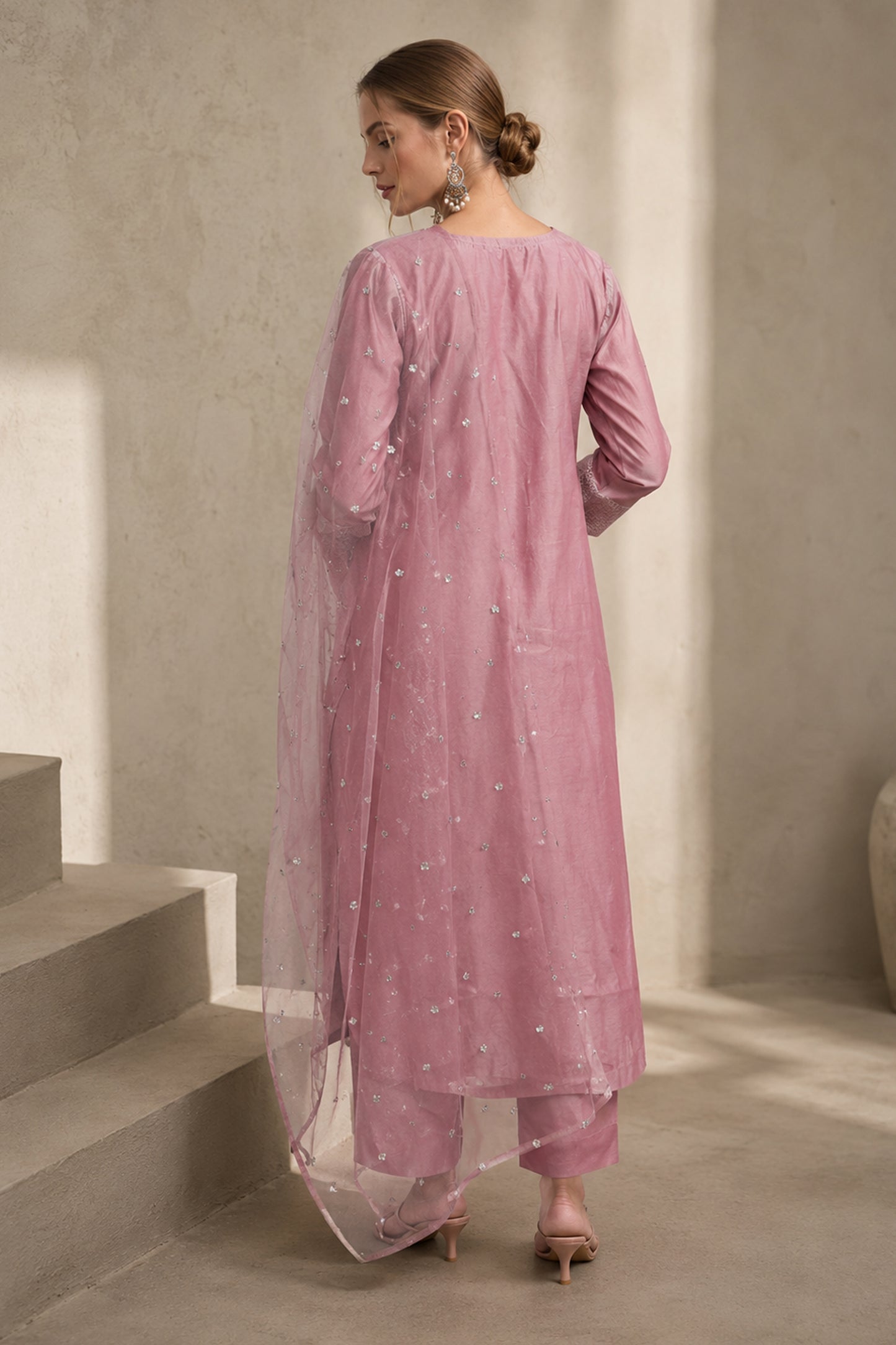 Floral zari embroidered women salwar kurta in soft light pink tone