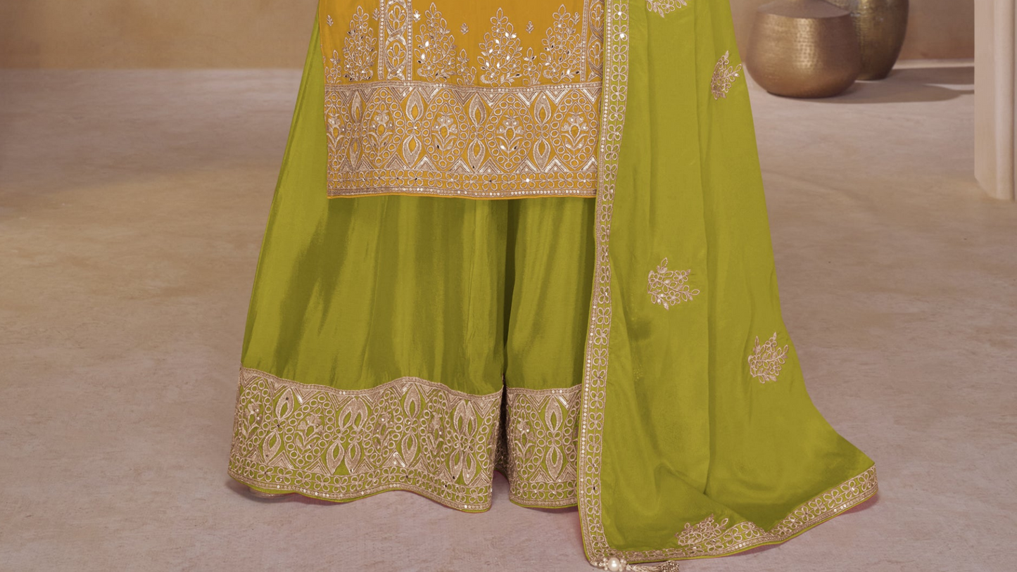 Lime green palazzo pants border embroidery close up