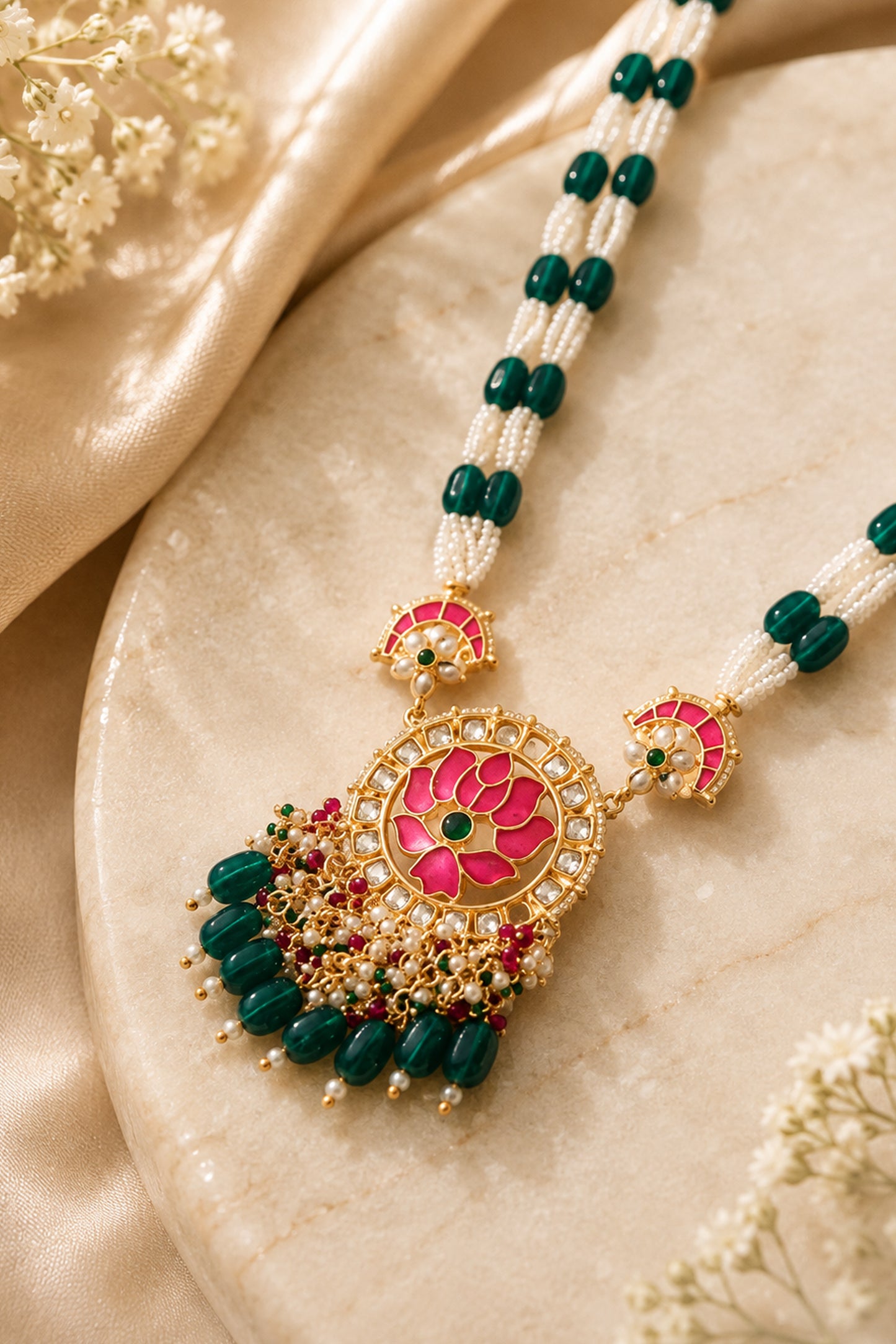 Lotus jewelry set with pink floral pendant, green beads and white bead strands