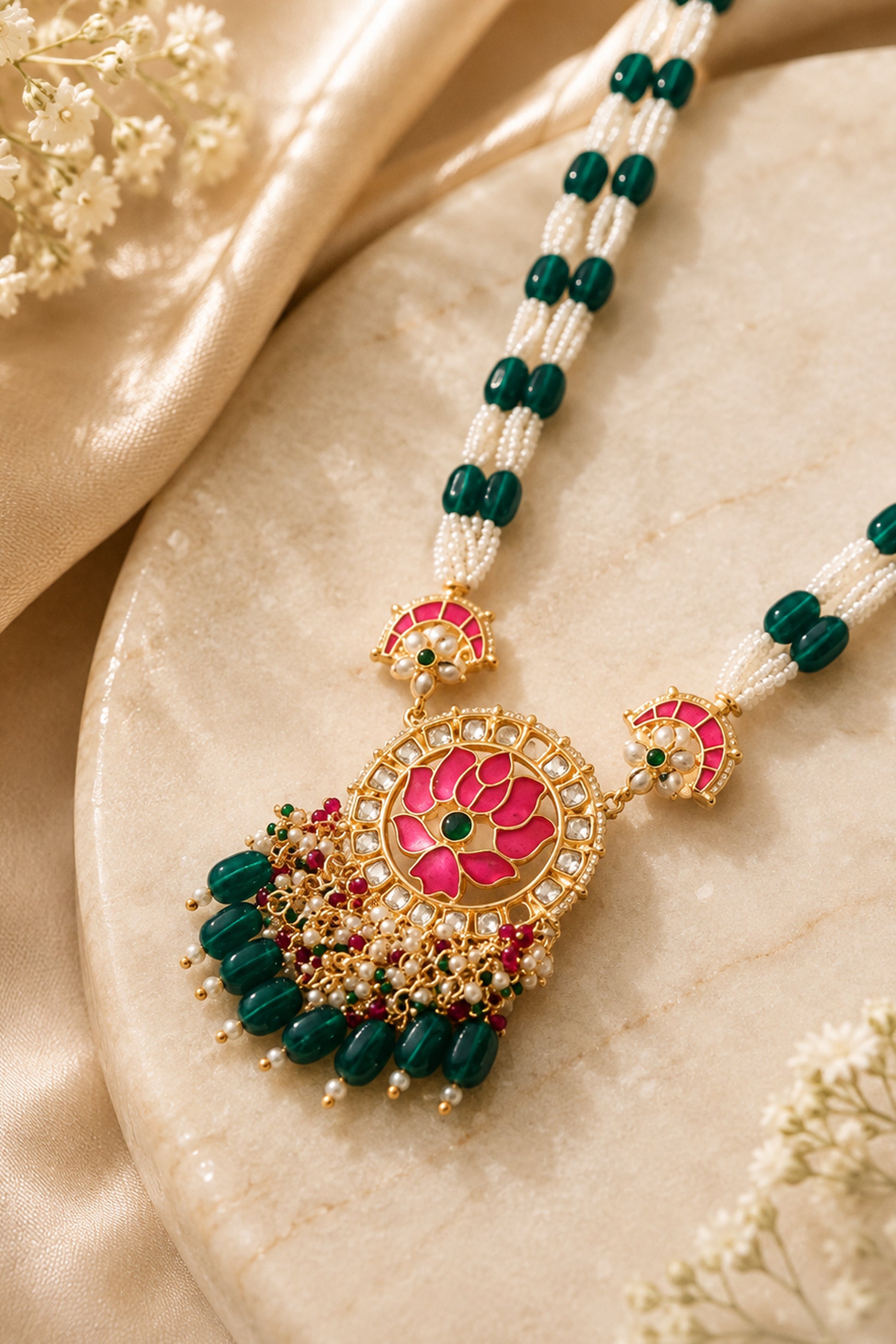 Lotus jewelry set with pink floral pendant, green beads and white bead strands
