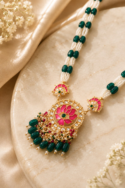 Lotus jewelry set with pink floral pendant, green beads and white bead strands