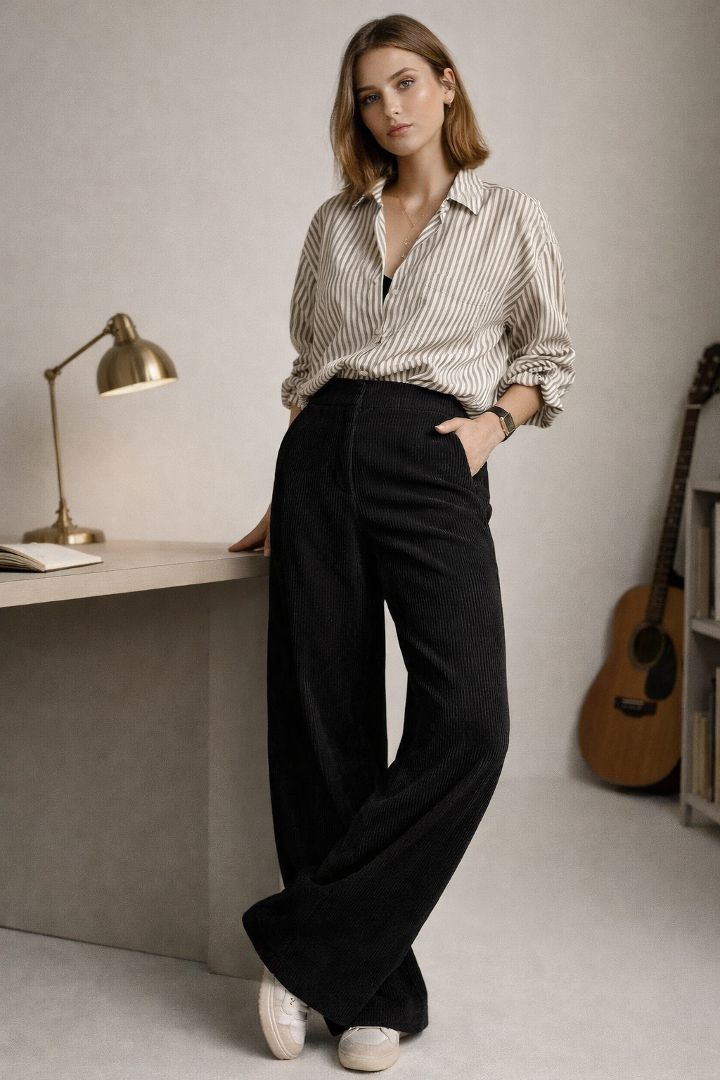 Black trouser paired with casual top styling