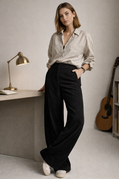 Black trouser paired with casual top styling