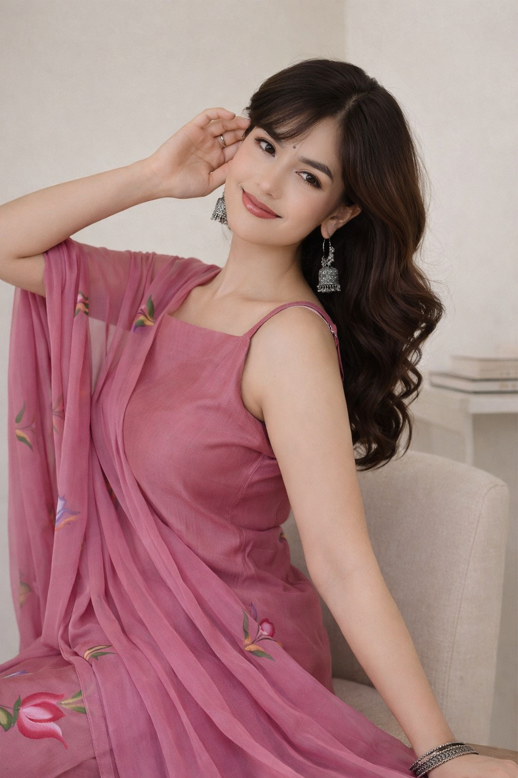 women with kurti seated portrait showing neckline