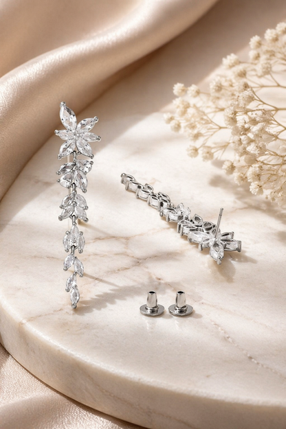 silver crystal drop earrings back view push back closure long leaf design dangle earrings detail