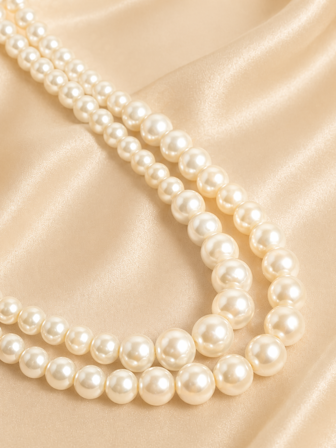 Pearl necklace on a beige satin background