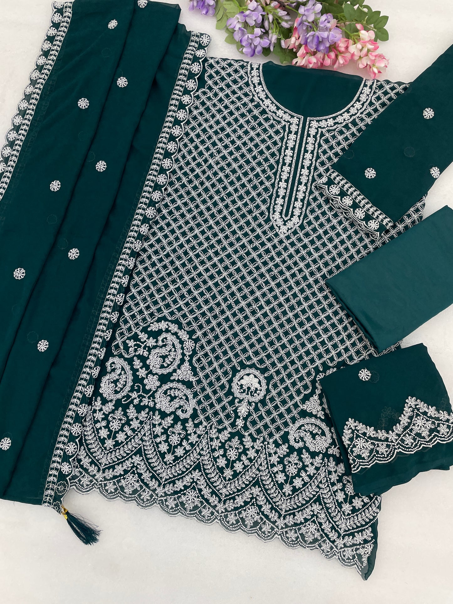 Faux Georgette Sharara with embroidered bead detailing