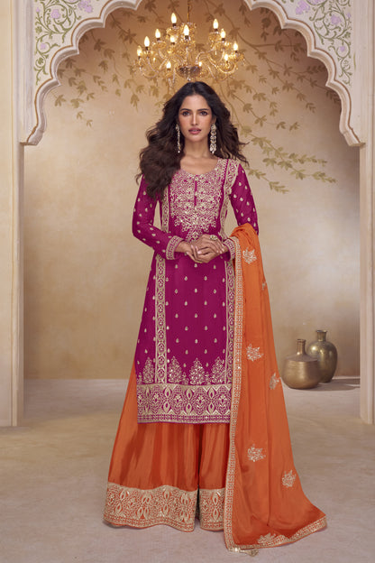 Magenta pink and orange palazzo pants outfit with embroidered kameez front view