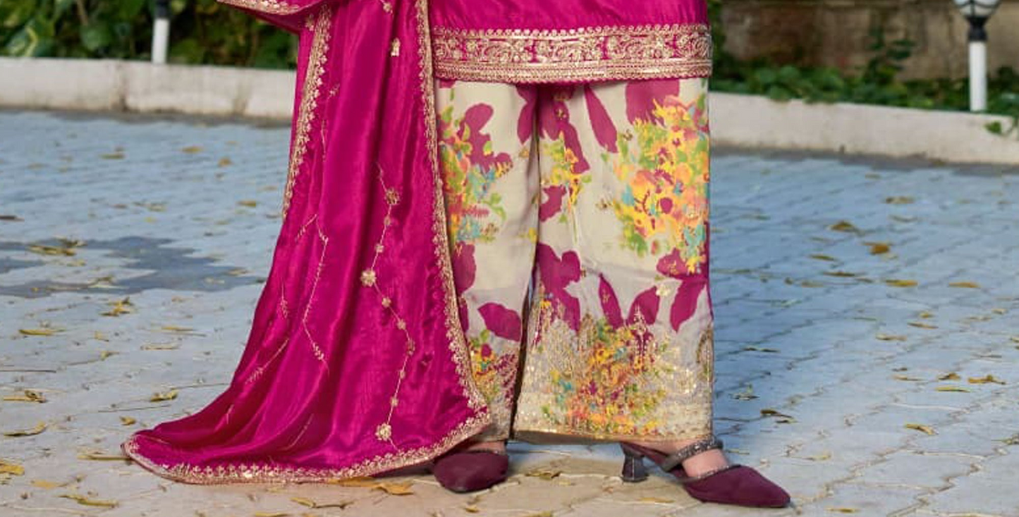 Front view of ready to wear Chinon palazzo set with embroidery
