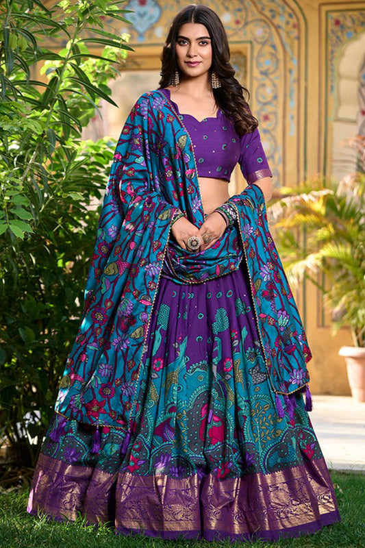 Purple lehenga front view with Kalamkari print