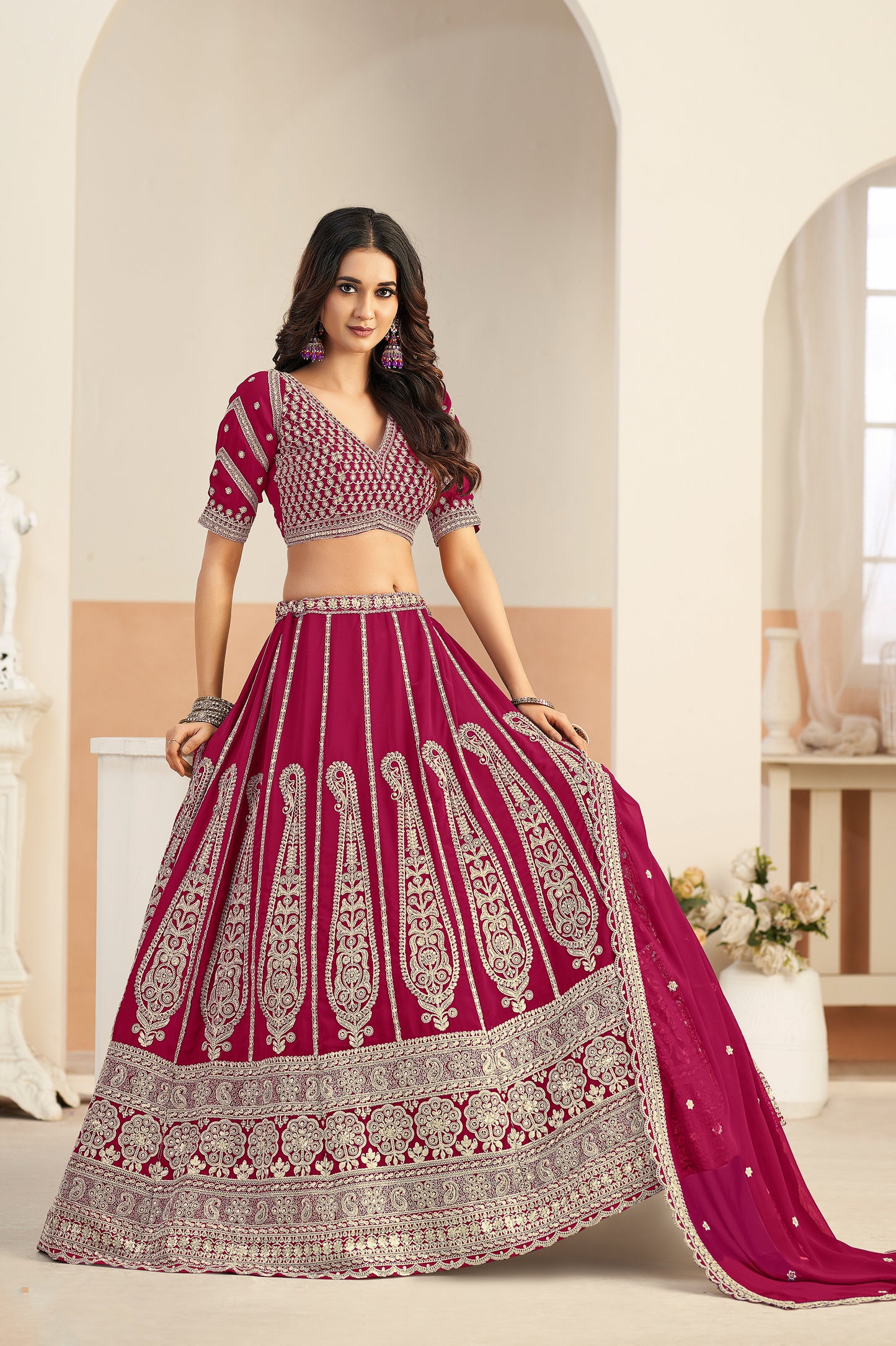 Wedding lehenga look in maroon with embroidery
