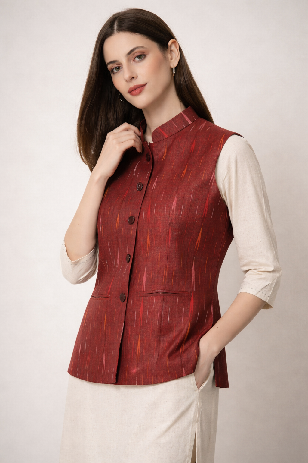 maroon nehru jacket styled for wedding event