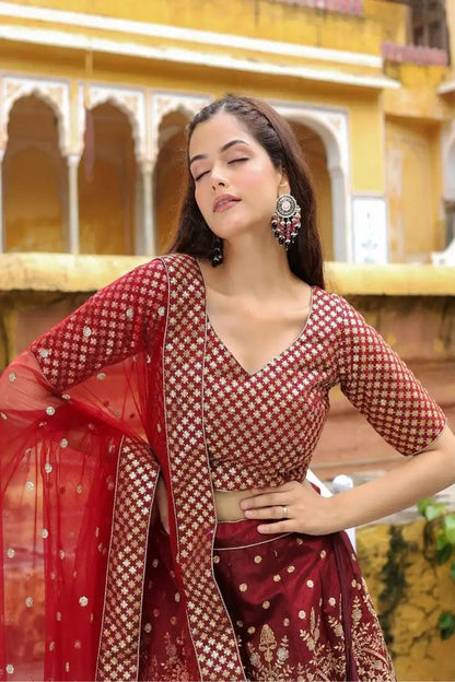 Ready to wear Maroon festive lehenga with embroidered detailing