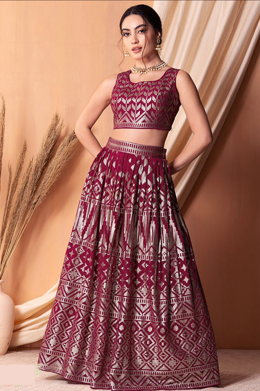 Maroon lehenga choli full front view with embroidered detailing