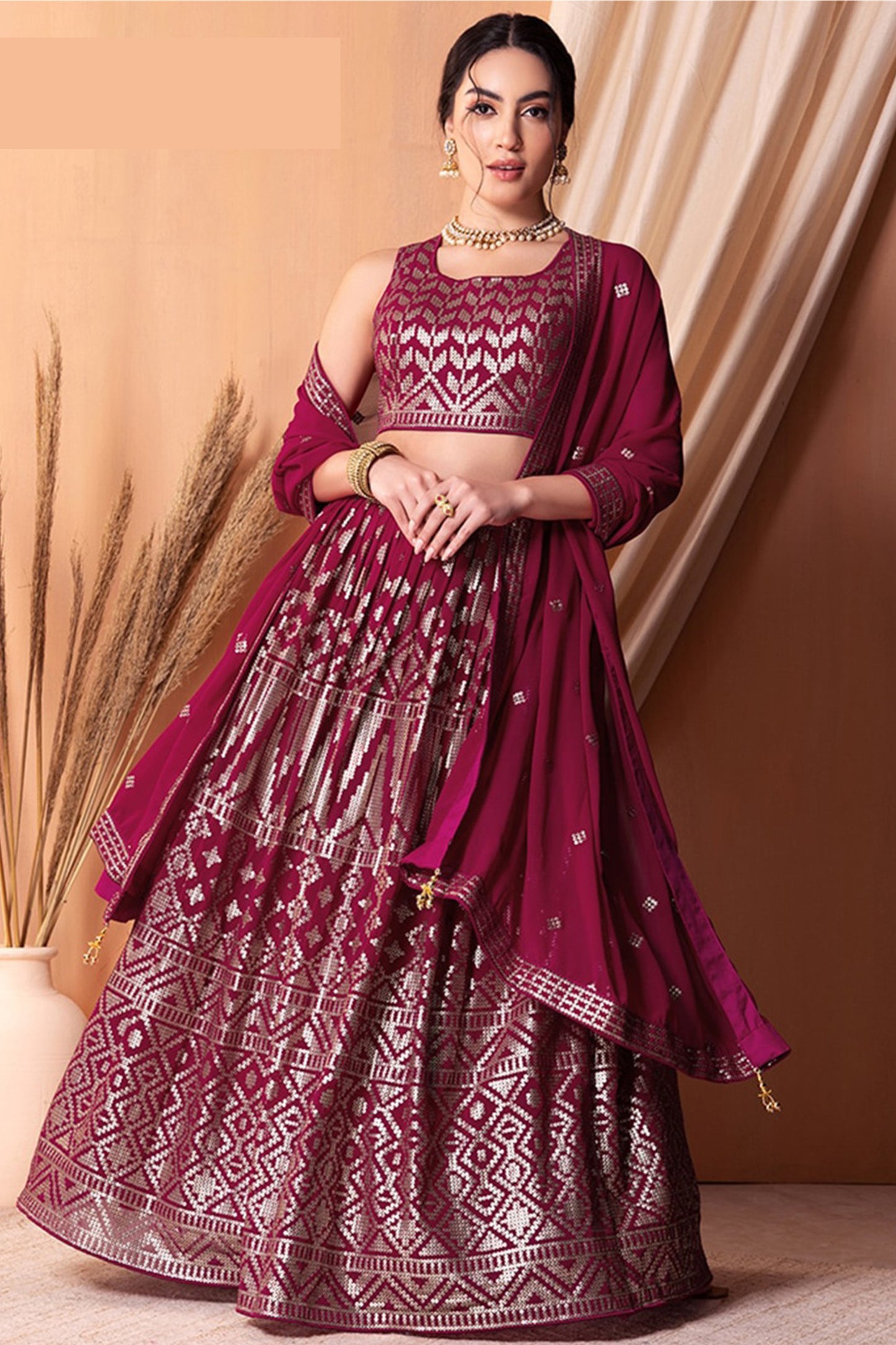 Wedding reception lehenga choli in maroon georgette fabric
