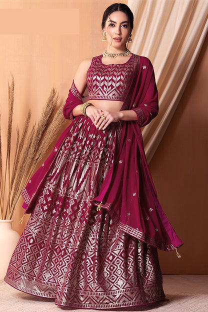 Wedding reception lehenga choli in maroon georgette fabric