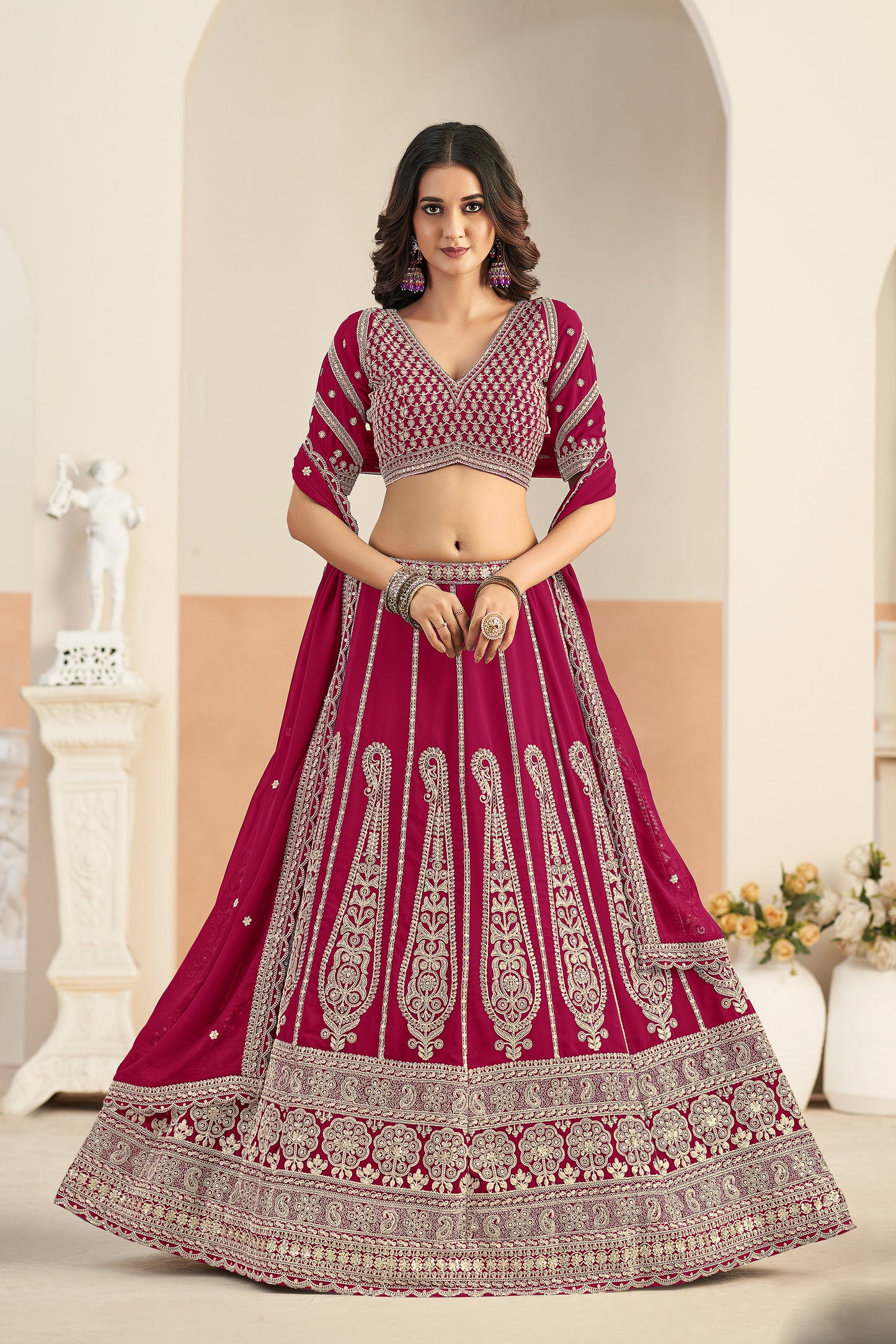 Maroon lehenga front view with heavy embroidered work
