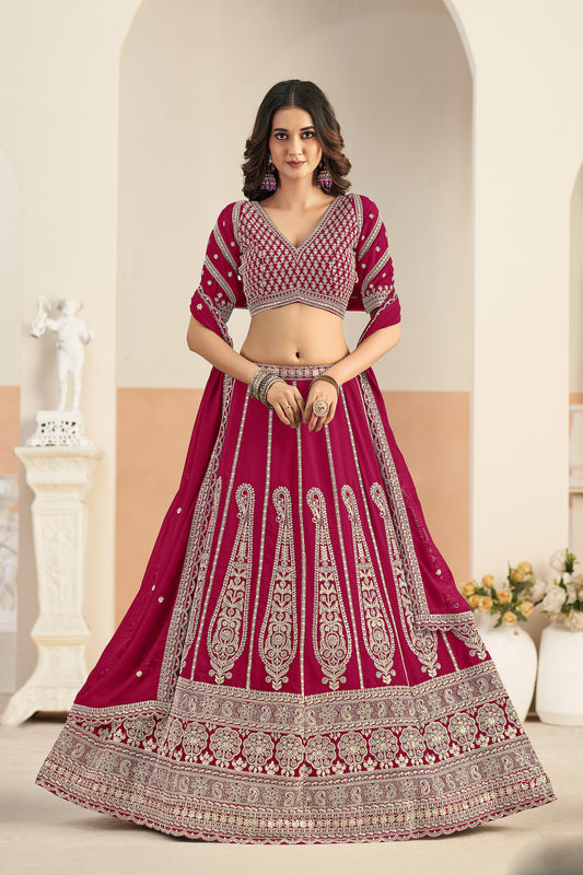 Maroon lehenga front view with heavy embroidered work