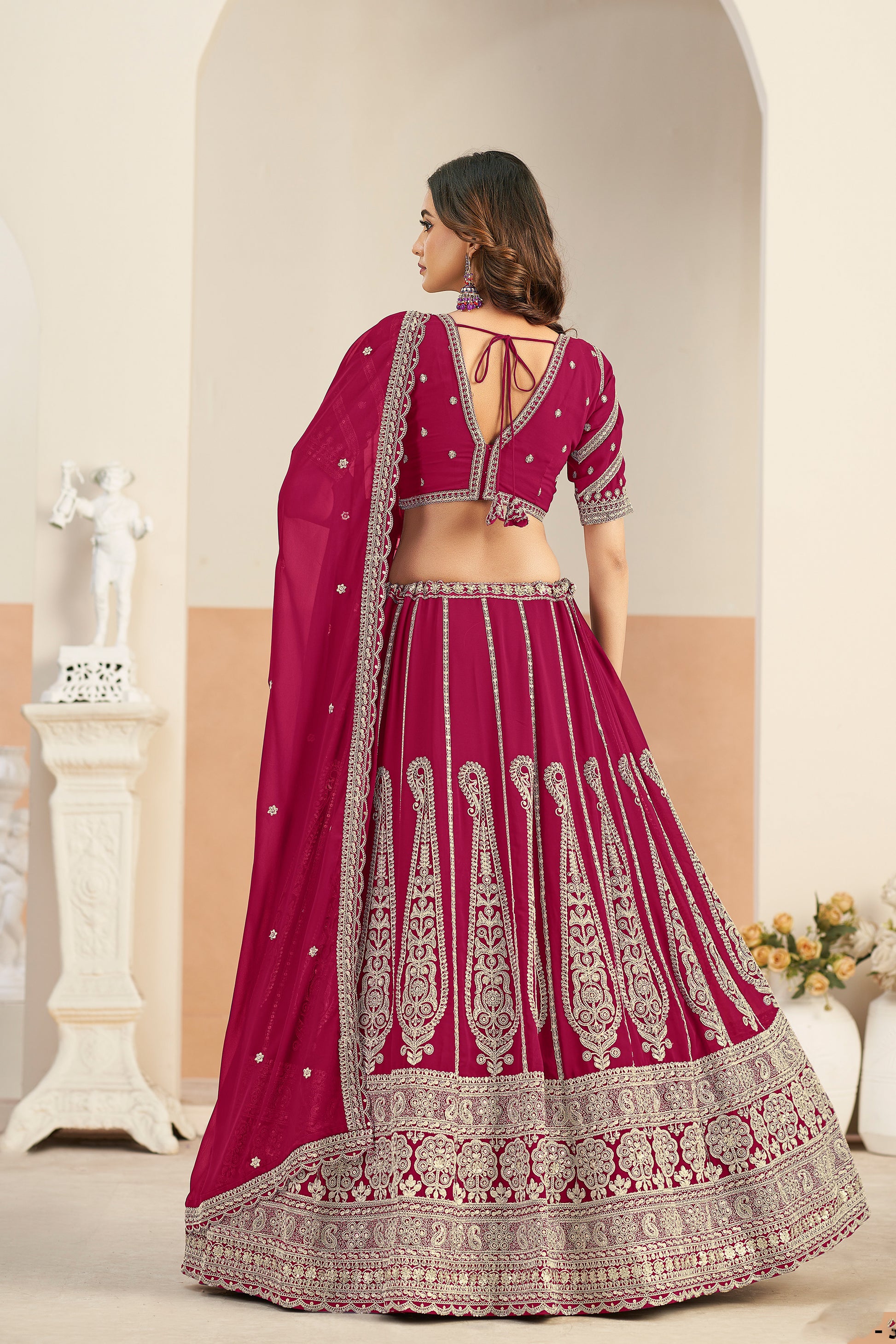 Maroon festive lehenga front and side 