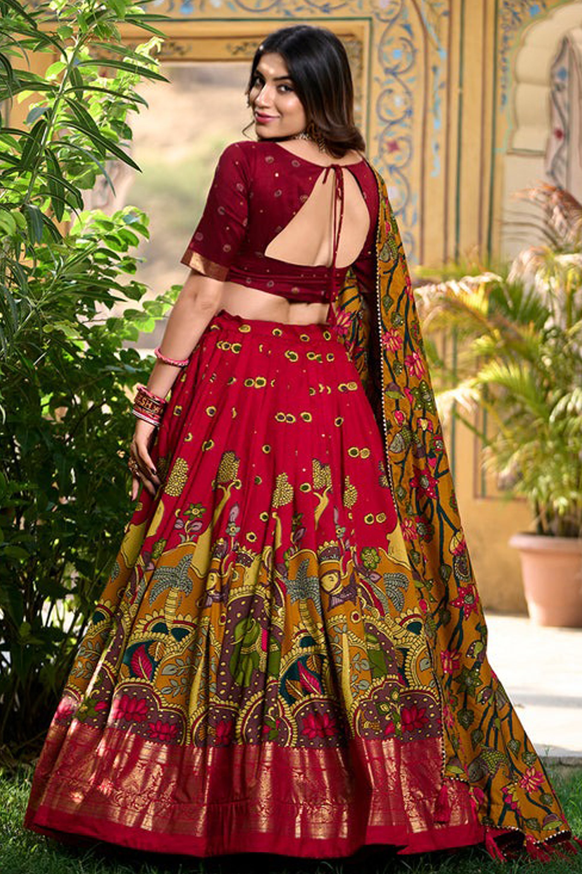 Maroon lehenga full front view with Kalamkari print