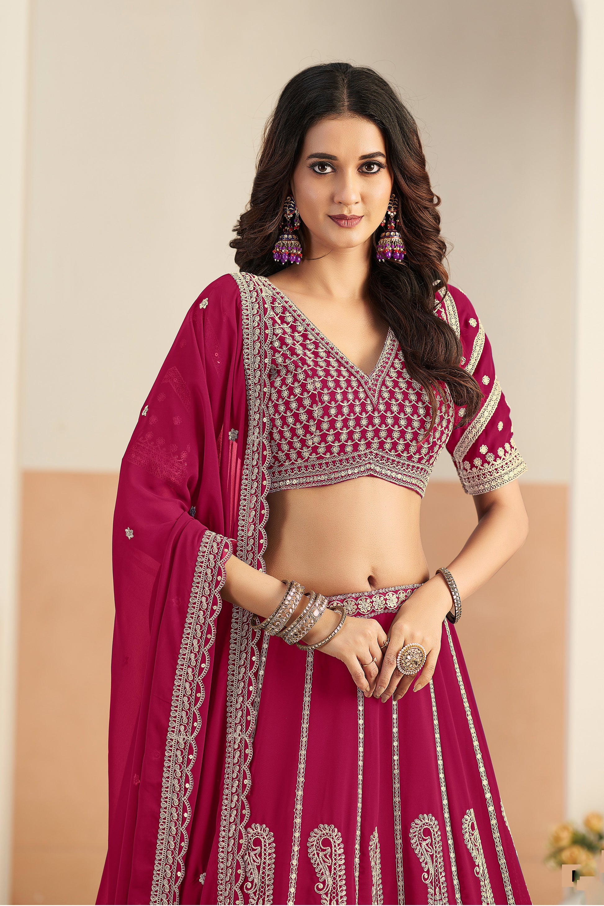 Maroon party wear lehenga full look front pose