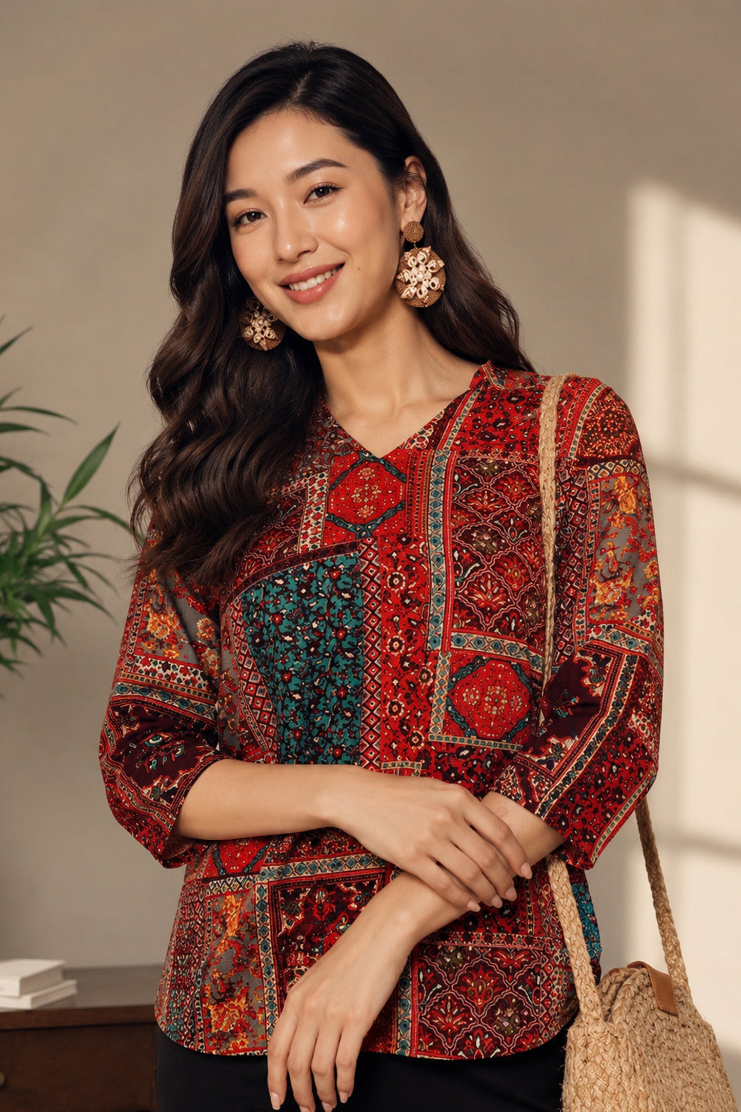 Maroon Boho Tunic Top styled with black casual bottoms