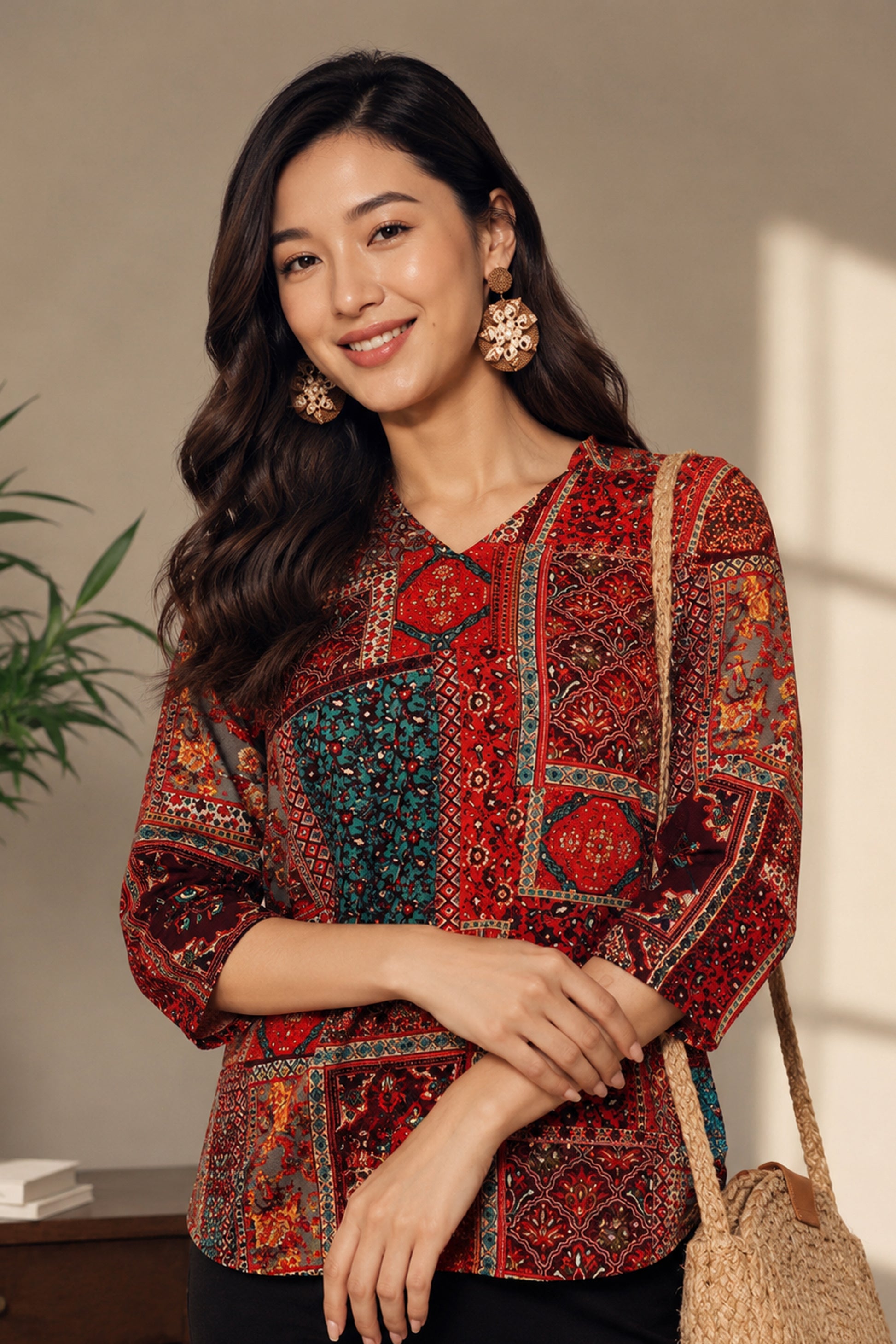 Maroon Boho Tunic Top styled with black casual bottoms