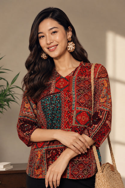 Maroon Boho Tunic Top styled with black casual bottoms