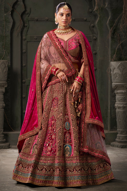 maroon reception lehenga velvet embroidered front view