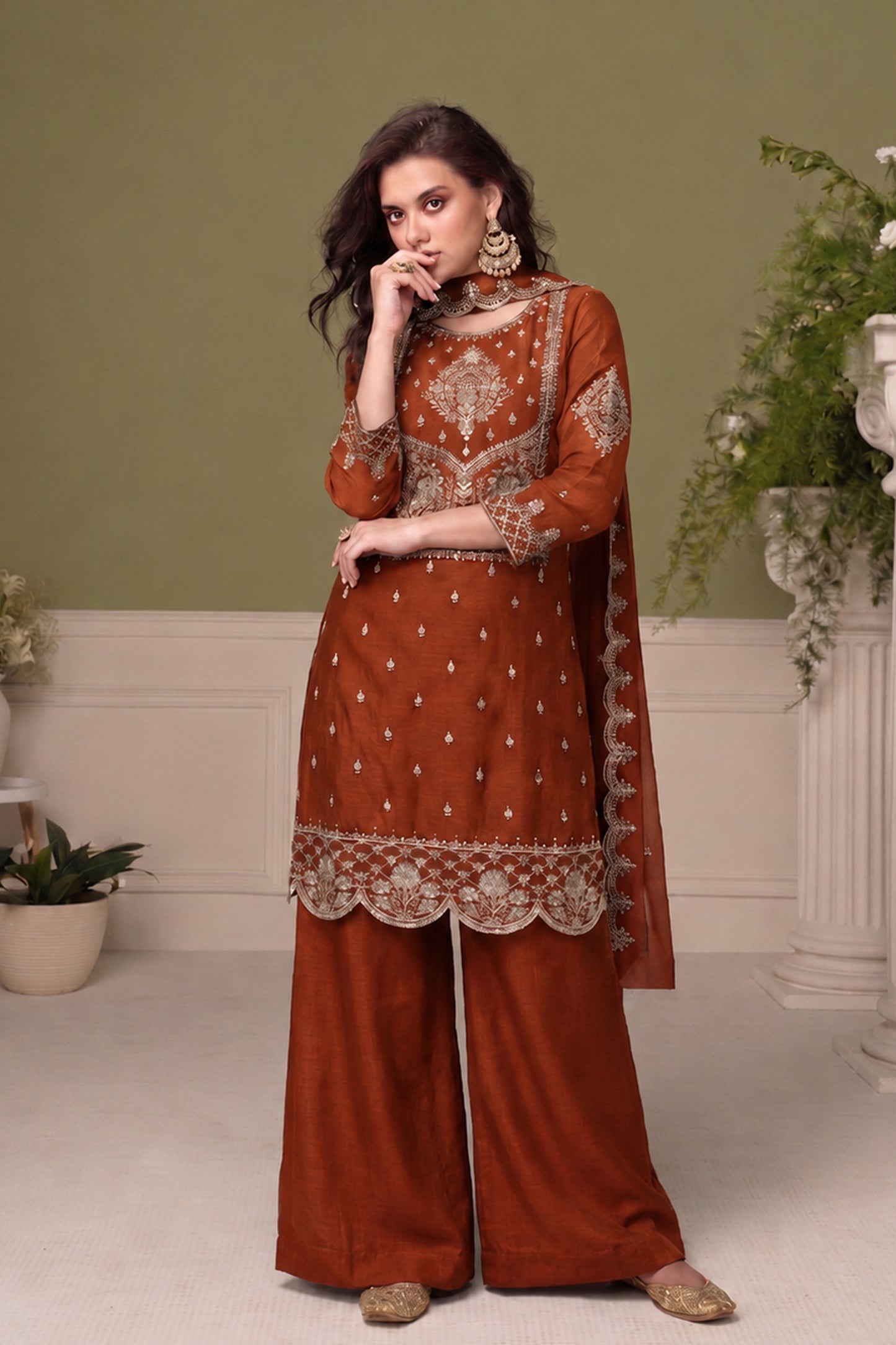 Maroon Salwar Kameez in silk with thread sequin embroidery work for reception styling
