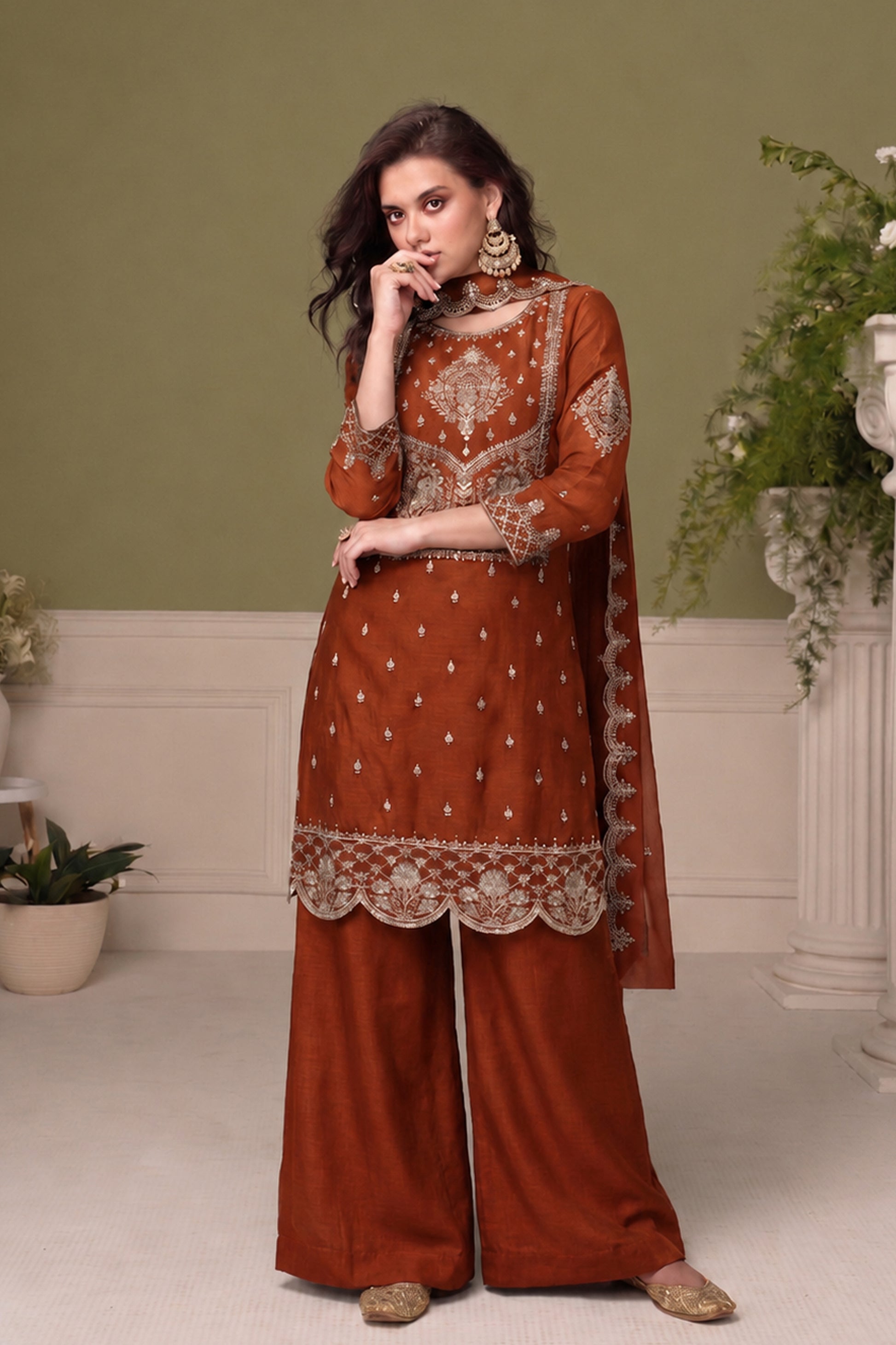 Maroon Salwar Kameez in silk with thread sequin embroidery work for reception styling