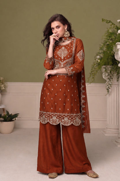 Maroon Salwar Kameez in silk with thread sequin embroidery work for reception styling