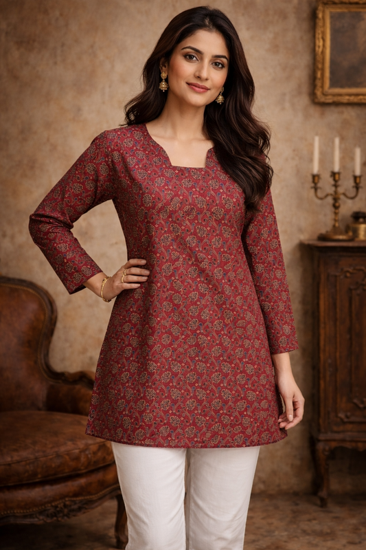 Maroon top with digital print front view