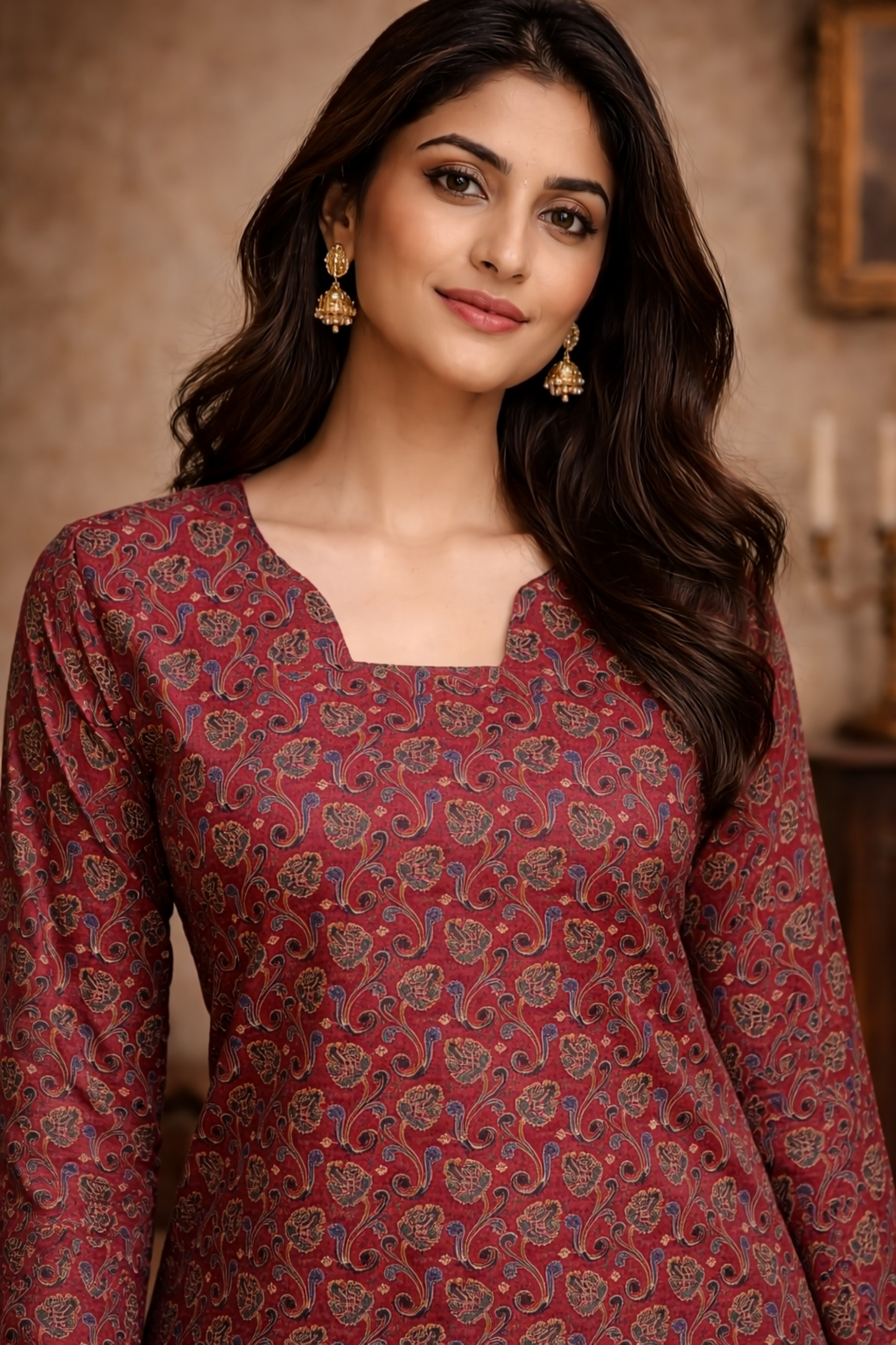 Close-up neckline detail of printed silk top