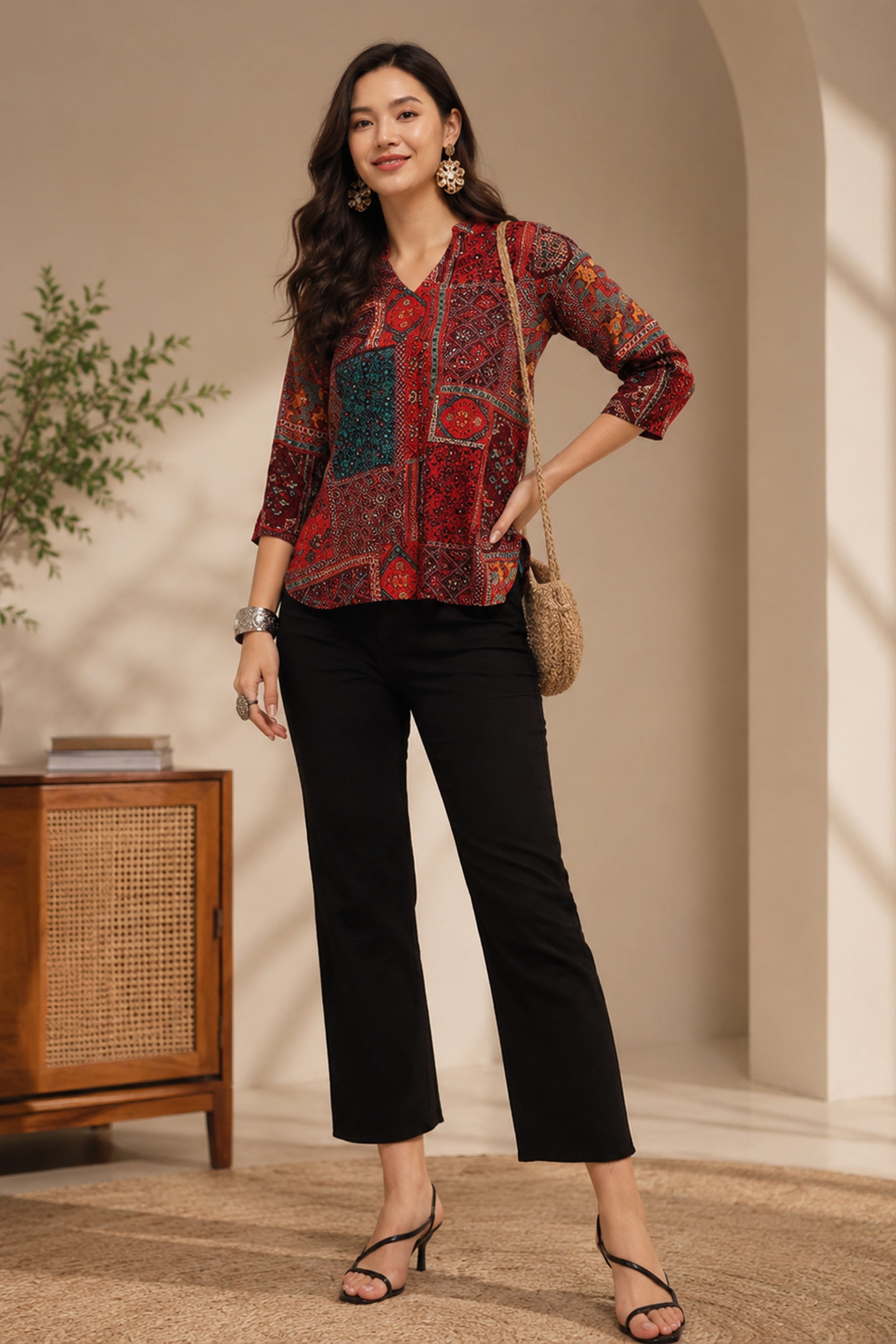 Front view of maroon printed tunic for everyday styling