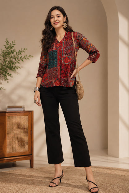 Front view of maroon printed tunic for everyday styling