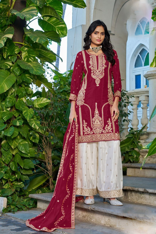 Maroon ethnic set with Wide Leg Palazzo Pants and embroidered kurta