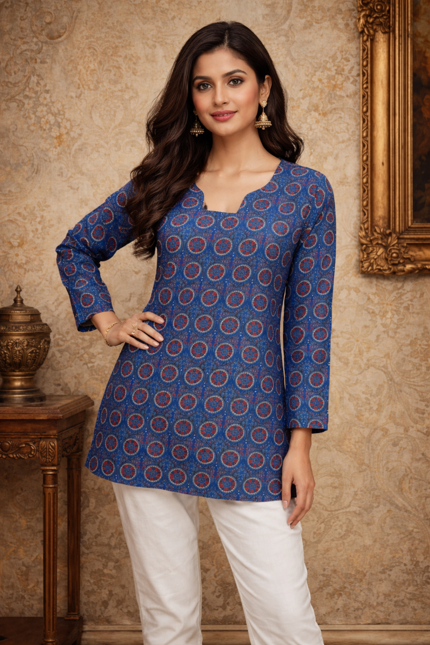Blue printed top styled for casual weekday wear