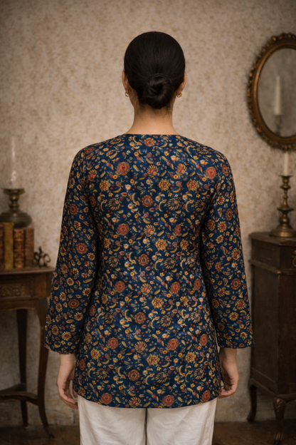 digital printed top detail in teal blue color