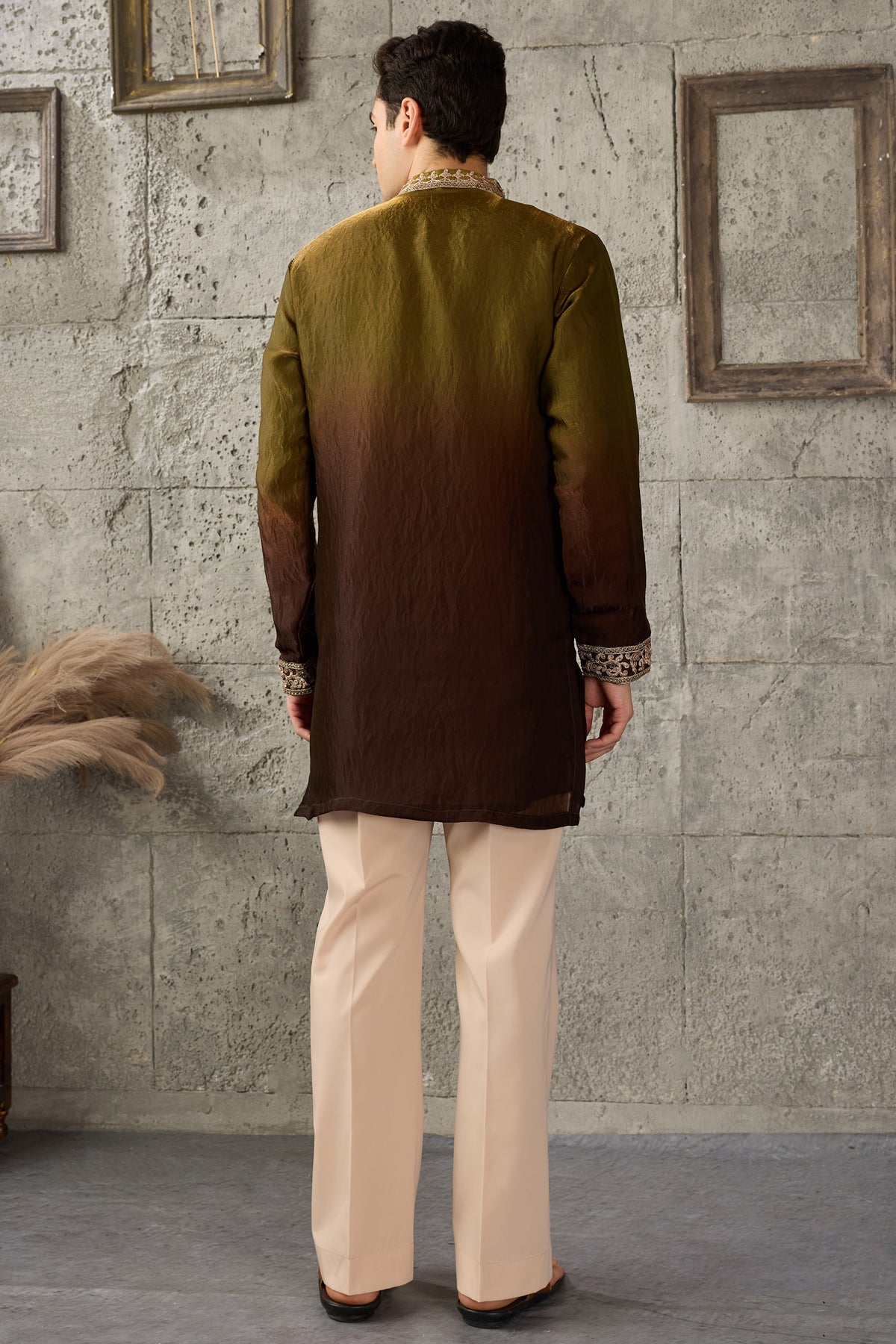Mehndi green embroidered kurta pajama dress for men